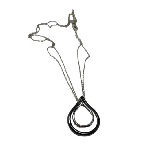 Lia Sophia Double Chain Necklace w/ Tear Drop Pendant - Black and Silver 16-19" - Picture 3 of 8